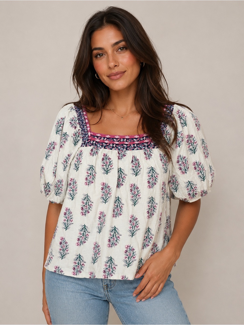 Lucky Brand Floral Square Neck Swing Blouse